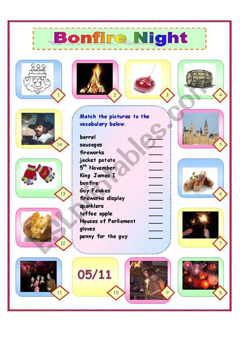 Guy Fawkes/Bonfire Night Matching - ESL worksheet by kaz76