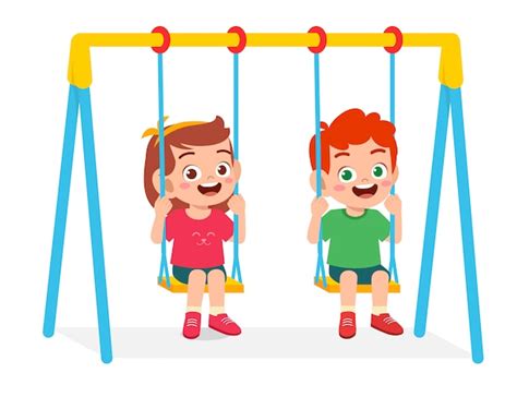 Feliz Lindo Niño Niña Jugar Swing Vector Premium