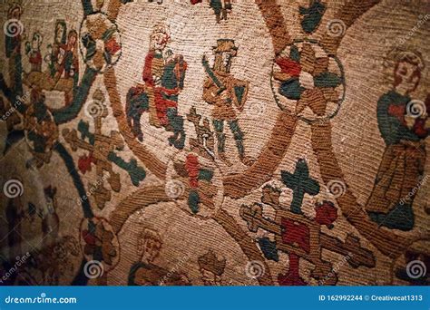 Viking Age Tapestry Depicting Medieval Scenes With Knights Editorial