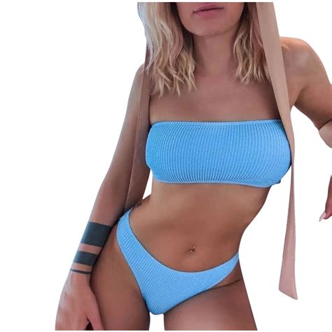 Yanhoo Strapless Bikini Sets For Women Piece Ribbed Bandeau Swimsuits Sexy Two Piece High Cut