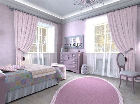 a bedroom with pink walls and curtains, a bed in the center, two ...