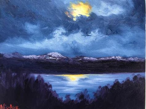 Original Mountain Oil Painting On Canvas Moonlight Reflection Landscape 8x10 | #3895724010