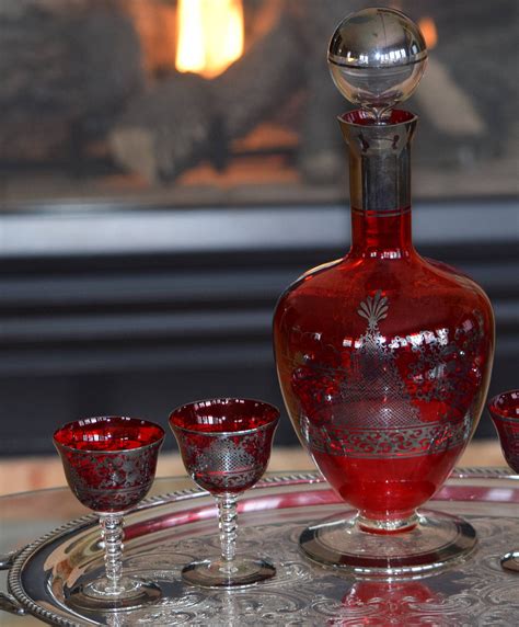 Vintage Red Hand Blown Glass Wine Decanter With Silver Hand Painted Designs With 4 Wine Glasses