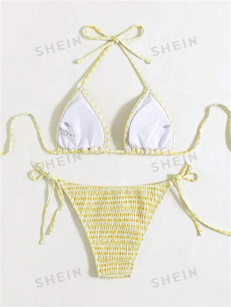 Shein Swim Vcay Striped Bikini Set Smocked Triangle Bra Thong Bottom