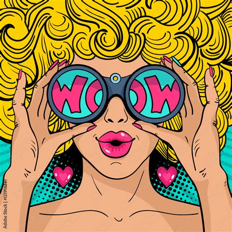 Wow Pop Art Face Sexy Surprised Woman With Blonde Curly Hair And Open