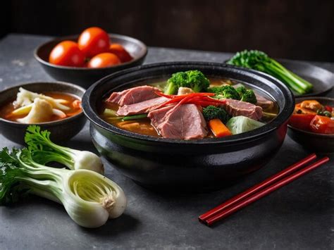 Chinese Hot Pot With Fresh Seafood And Vegetables Premium AI Generated Image