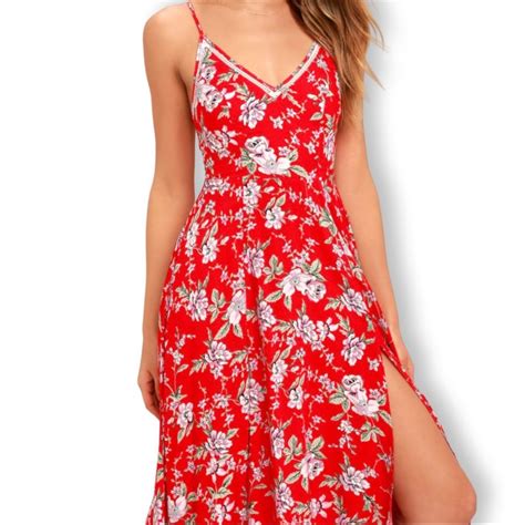 Lulus Esperanza Red Floral Print Midi Dress Gem