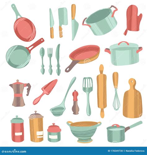 Set Of Kitchenware And Utensils Hand Drawn Vector Illustrations Stock Vector Illustration Of