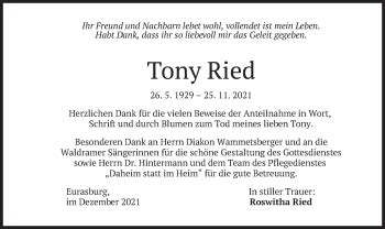 Traueranzeigen Von Tony Ried Trauer Merkur De