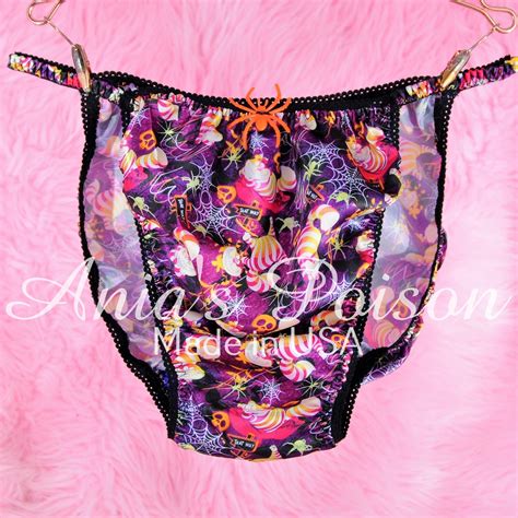 Halloween Print Cheshire Cat Spiders Skulls Polyester SATIN String Bikini Sissy Mens