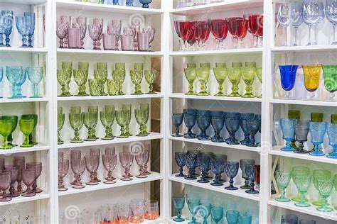 Colorful Glasses And Vases On The Shelf In The Souvenir Shop Wine Glasses Stand On The Shelves