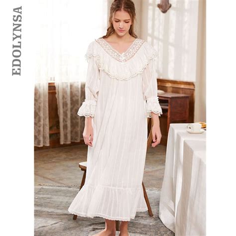 Victorian Sleep Lounge Vintage Ruffles Slash Home Dress Long Nightgown Sleepshirts Cotton