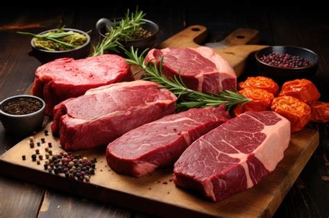 Premium AI Image | Assorted cuts of prime Black Angus meat on wooden board