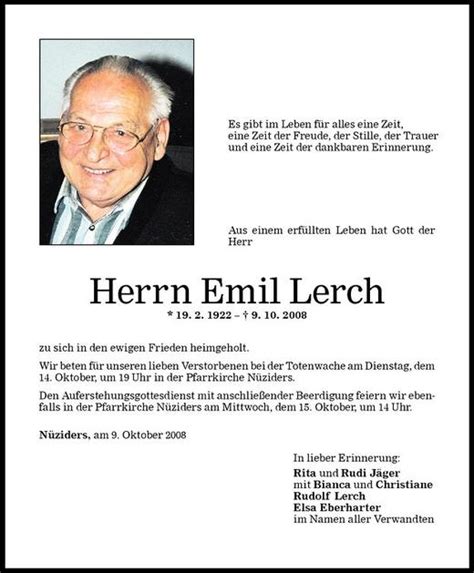 Todesanzeigen Von Emil Lerch Todesanzeigen Vorarlberger Nachrichten