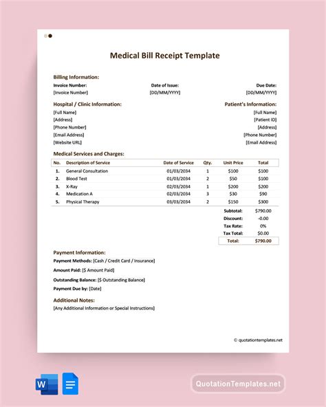 Medical Bill Receipt Template - Word | Google Docs