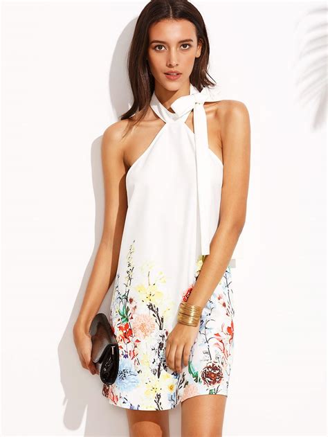 Floral Print Halter Neck Backless Sleeveless Shift Dress Shein Sheinside