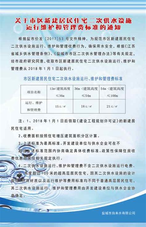 关于市区新建居民住宅二次供水设施运行维护和管理费标准的通知