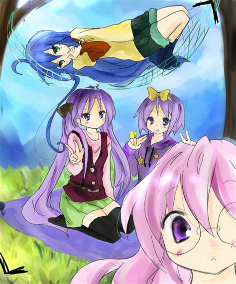 Safebooru Blue Hair Casual Glasses Green Eyes Hammock Hiiragi Kagami Hiiragi Tsukasa Hoodie