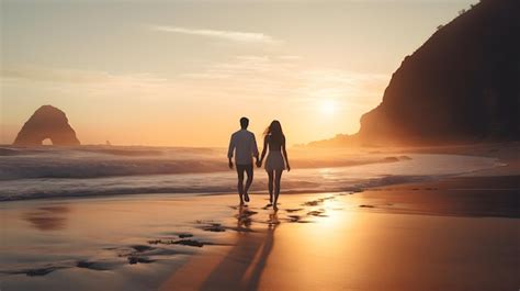 Premium Photo Romantic Couple Strolling Along The Beach At Sunrise