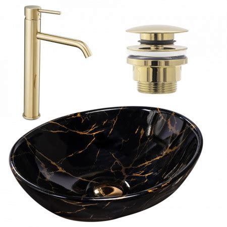 Set Lavoar Sofia Marble Black Baterie Inalta Lungo Gold Dop