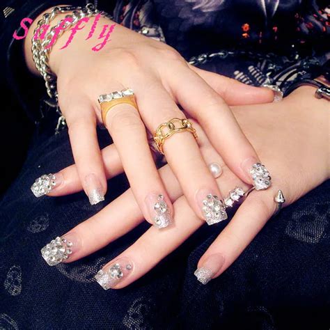 Saffly With Rhinestone False Nail With Glue Sticker 24pcsset Beautiful Bride Fake Nails Sexy