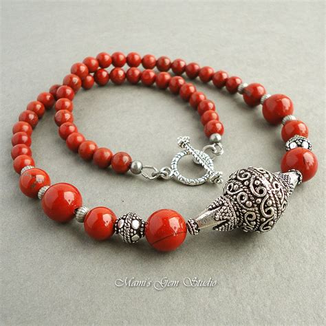 Red Jasper Semi Precious Gemstone Necklace Artisan Metal