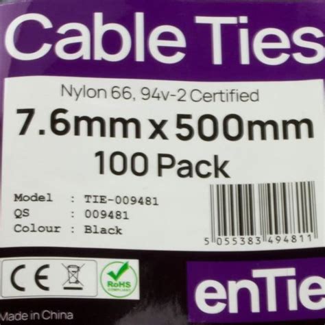 Noir Câble Attaches Serre Câble Collier De Serrage 7 6mm X 500 Mm Nylon 66 Ul Certifié [100