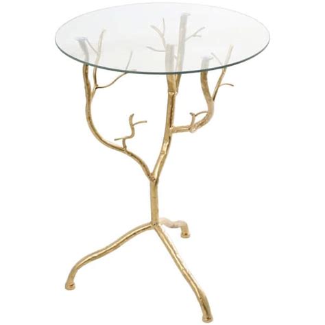 Litton Lane 16 In Gold Branch Large Round Glass End Table With Glass