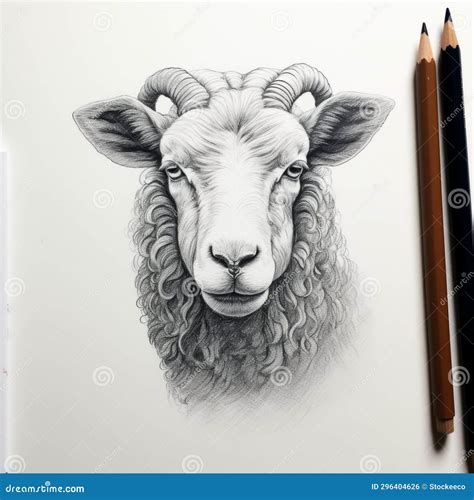 Detailed Sheep Portrait Hyper Realistic Pencil Art Illustration Stock