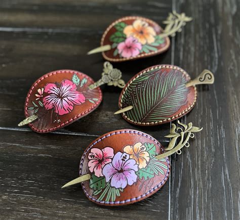 Handmade Leather Hair Barrette With Stick And Hand Painted Tropical