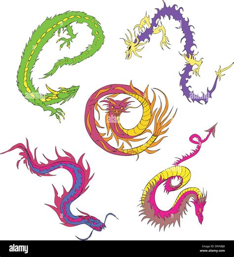 Long Japanese Dragon Worms Set Of Color Vector Illustrations Stock