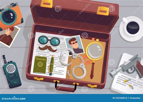 Detective Briefcase Open Suitcase With Spy Surveillance Tools