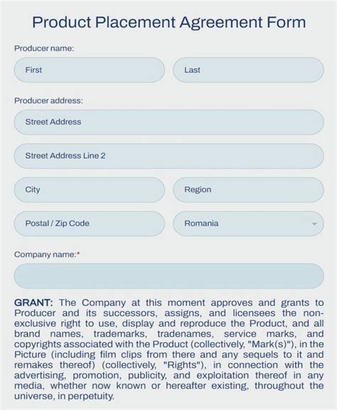 Free Product Placement Agreement Form Template