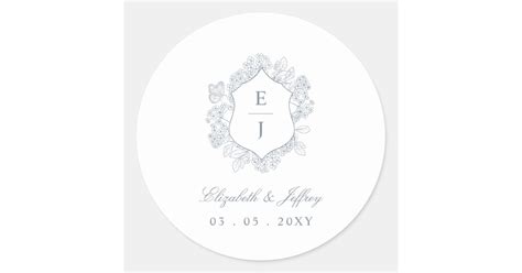 Dusty Blue Floral Crest Monogram Wedding Classic Round Sticker Zazzle