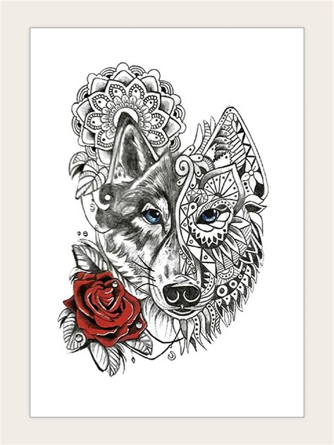 Sheet Wolf Flower Pattern Tattoo Sticker Shein Usa