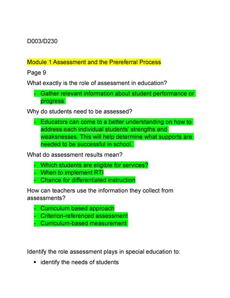 D003 D230 Module Guided Questions D003 D Module 1 Assessment And The