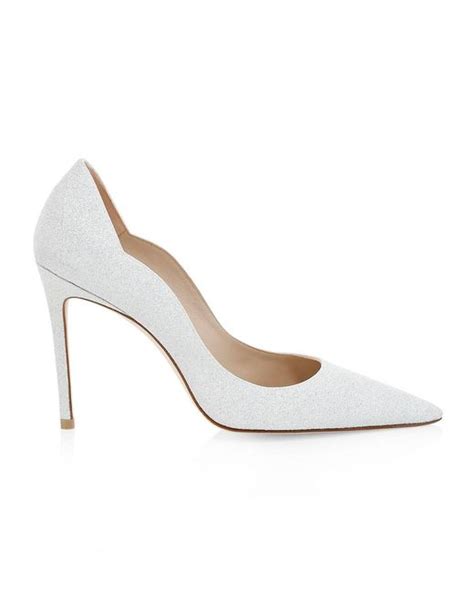 Stuart Weitzman Synthetic Stuart Scalloped Glitter Pumps In White