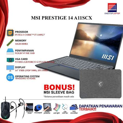 Jual Laptop MSI PRESTIGE 14 A11SCX I7 1185G7 16GB 512GB SSD GTX1650 W10