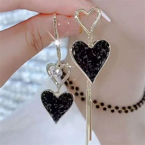 Long Asymmetric Black Heart Tassel Earrings Cjdropshipping