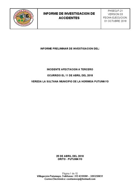 Formato Informe De Investigacion De Accidente Laboral Pdf