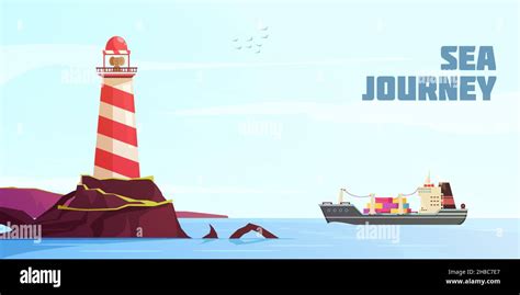 Nautical Background With Cargo Ship And Lighthouse Cartoon Vector