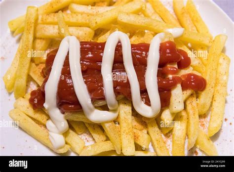 French Fries With Ketchup And Mayonnaise Baden Wuerttemberg Stock