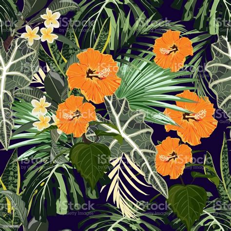 Summer Colorful Hawaiian Seamless Pattern With Tropical Plants Palms Leaves And Orange Hibiscus