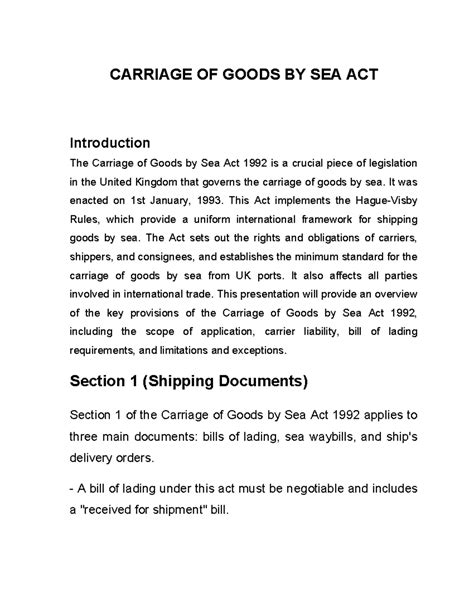 Carriage OF Goods BY SEA ACT CARRIAGE OF GOODS BY SEA ACT