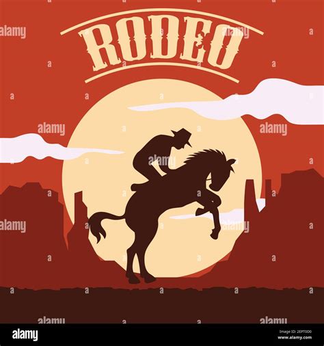 Rodeo Poster With Cowgirl Silhouette Riding On Wild Horse And Bull