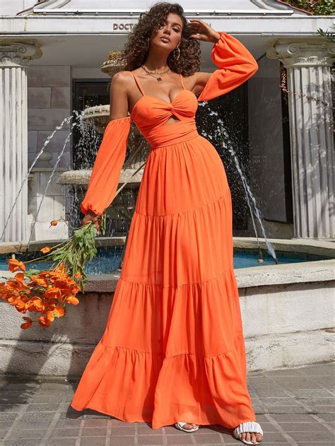 Missord Twist Front Cut Out Lantern Sleeve Ruffle Hem Dress Orange Dress Outfits Orange Long