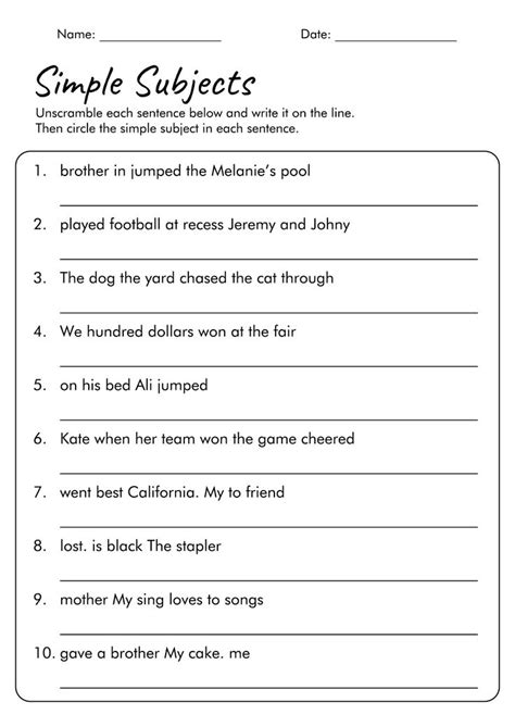 Simple Sentence Worksheets Th Grade Subject And Predicate