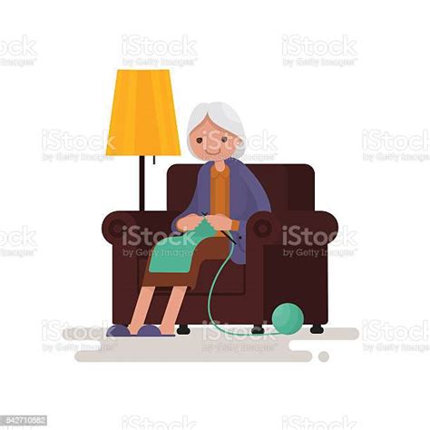 Grandmother Knits Sitting In A Chair Vector Illustration Stock