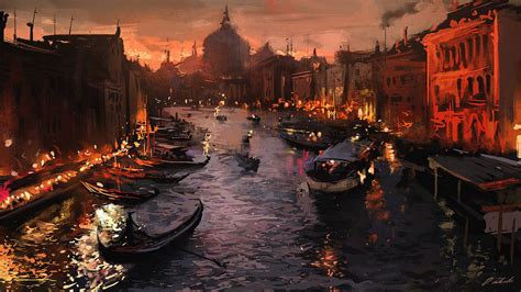 Sfondi La Pittura Barca Paesaggio Urbano Italia Notte