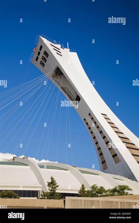 The Montreal Tower at the Olympic Stadium park in summer, Montreal, Quebec, Canada Stock Photo ...